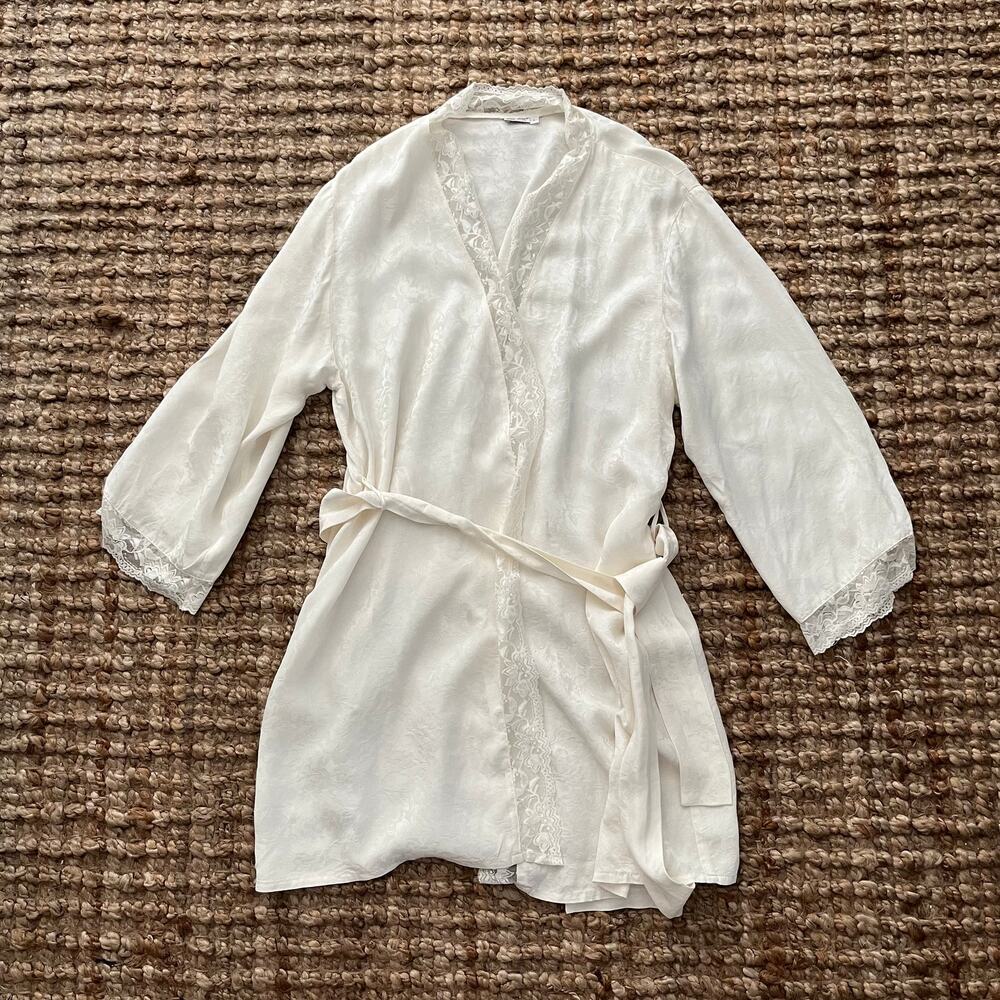 Vintage Mia-Mia 100% Pure Silk Kimono Robe Gown White Lace Floral Size L